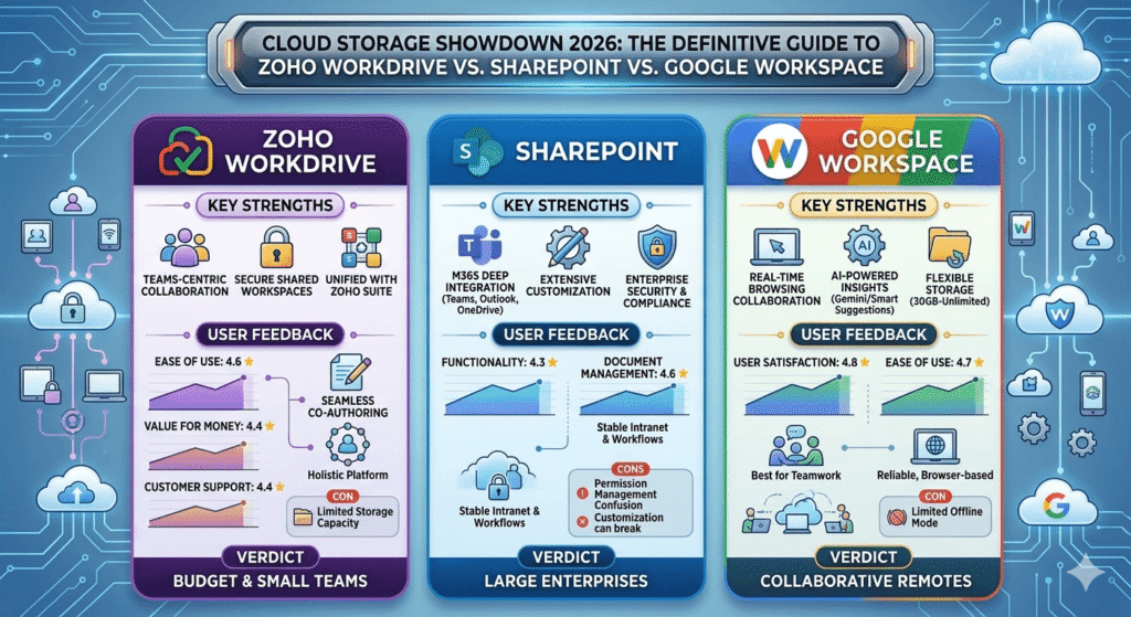 Zoho WorkDrive vs. SharePoint vs. Google Workspace