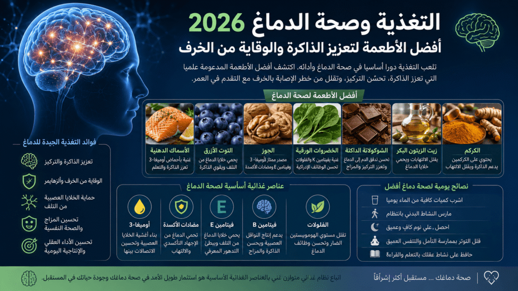 التغذية وصحة الدماغ 2026: أفضل الأطعمة لتعزيز الذاكرة والوقاية من الخرف