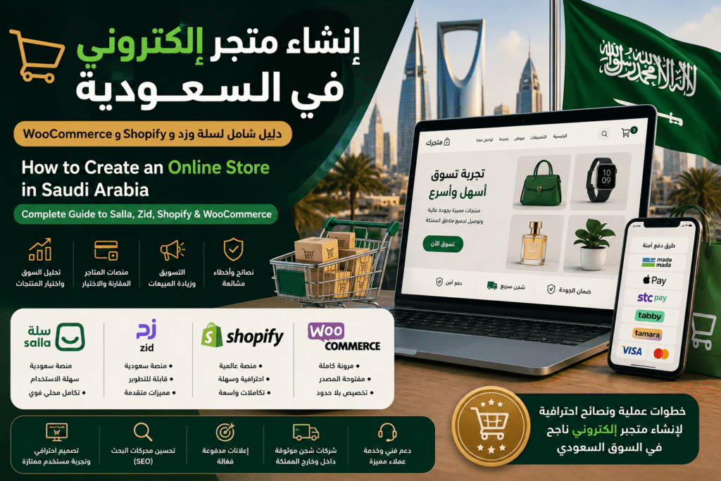إنشاء متجر إلكتروني في السعودية: دليل شامل لسلة وزد وShopify وWooCommerce How to Create an Online Store in Saudi Arabia: Complete Guide to Salla, Zid, Shopify & WooCommerce
