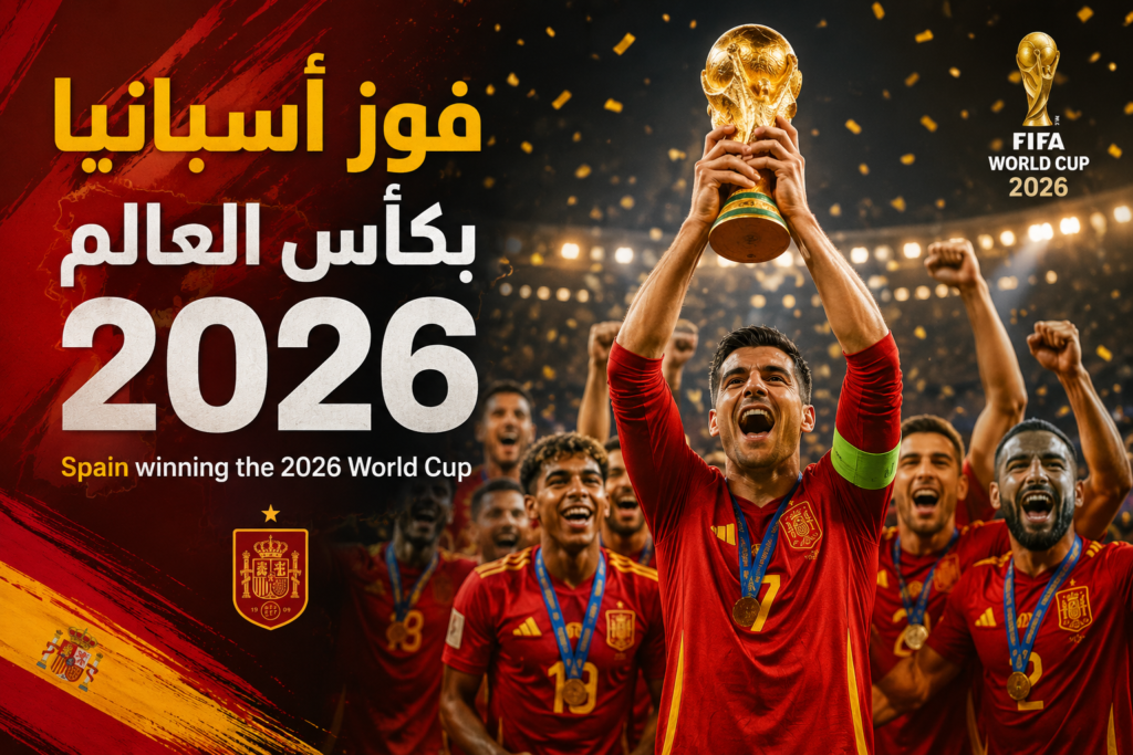 Spain lifting the 2026 World Cup trophy graphic