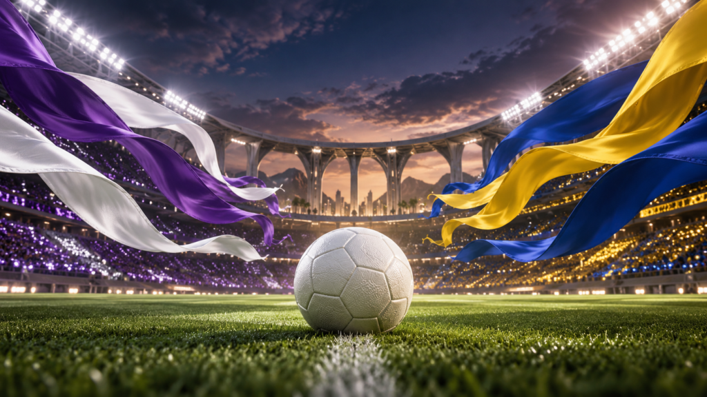 تصميم توضيحي لمواجهة العين والنصر بألوان الفريقين وكرة قدم