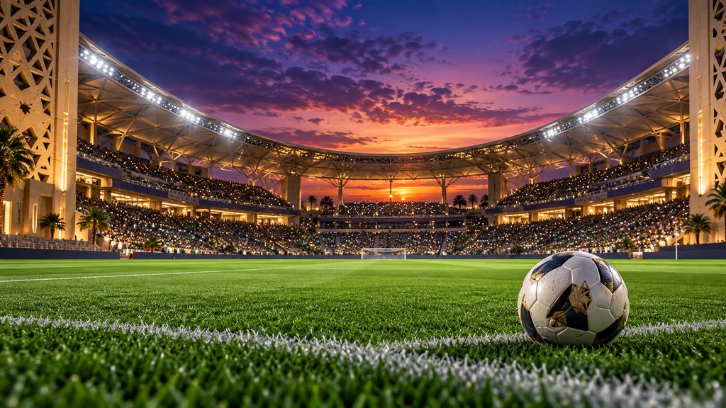 ملعب كرة قدم مضاء وقت الغروب، تصميم توضيحي لمقال كأس آسيا السعودية 2027