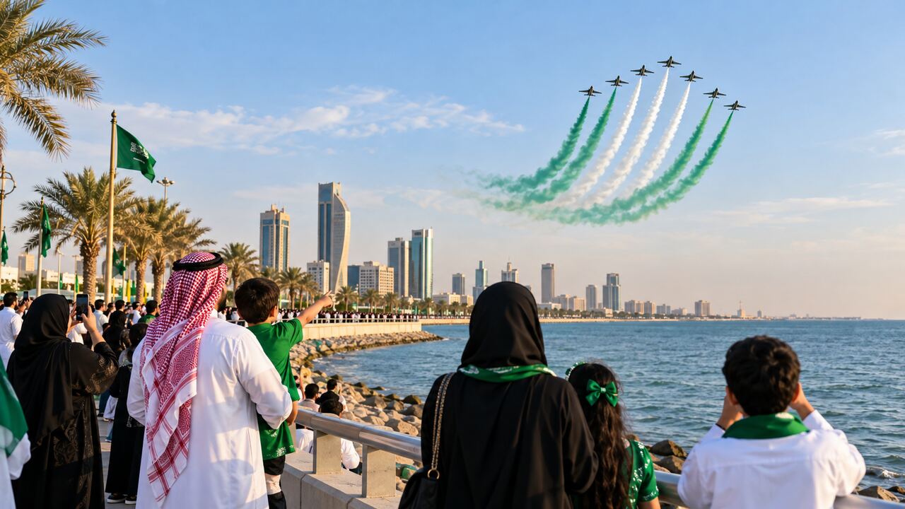عائلات تشاهد عرضًا جويًا في الخبر ضمن أجواء اليوم الوطني السعودي 96