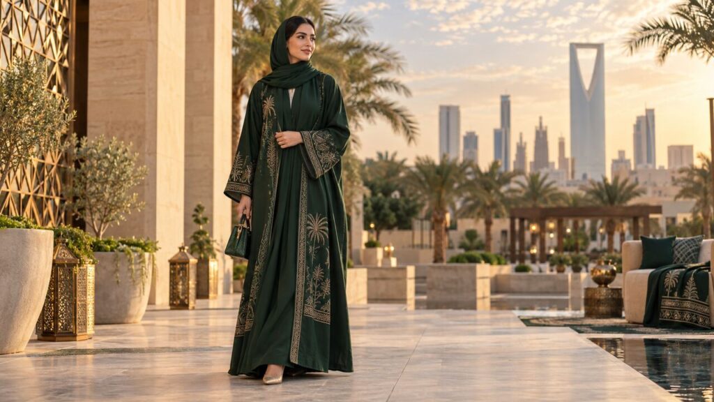 إطلالة نسائية سعودية أنيقة بالعباية الخضراء لليوم الوطني السعودي 96