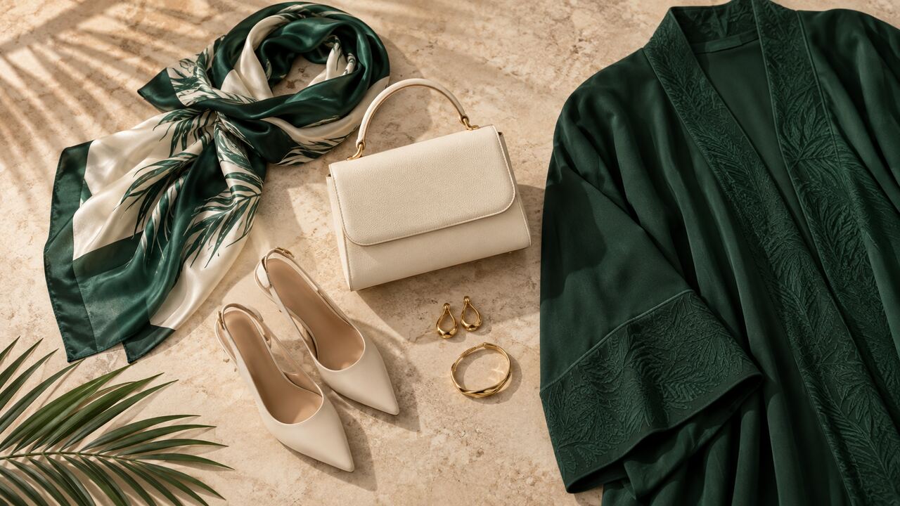 Green abaya and ivory accessories for a Saudi National Day women’s outfit