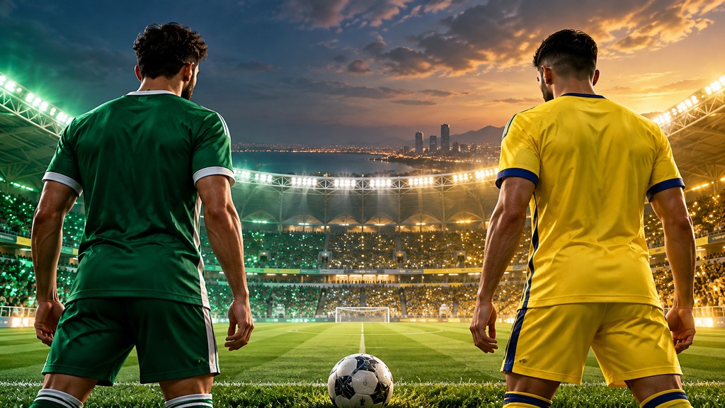 رسم توضيحي للاعبين بألوان الأهلي والنصر أمام ملعب كرة قدم | Conceptual players in Al Ahli and Al Nassr colours facing a stadium