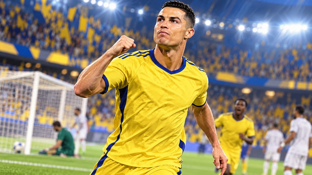 رسم توضيحي لكريستيانو رونالدو بألوان النصر في ملعب كرة قدم | Editorial illustration of Cristiano Ronaldo in Al Nassr colours