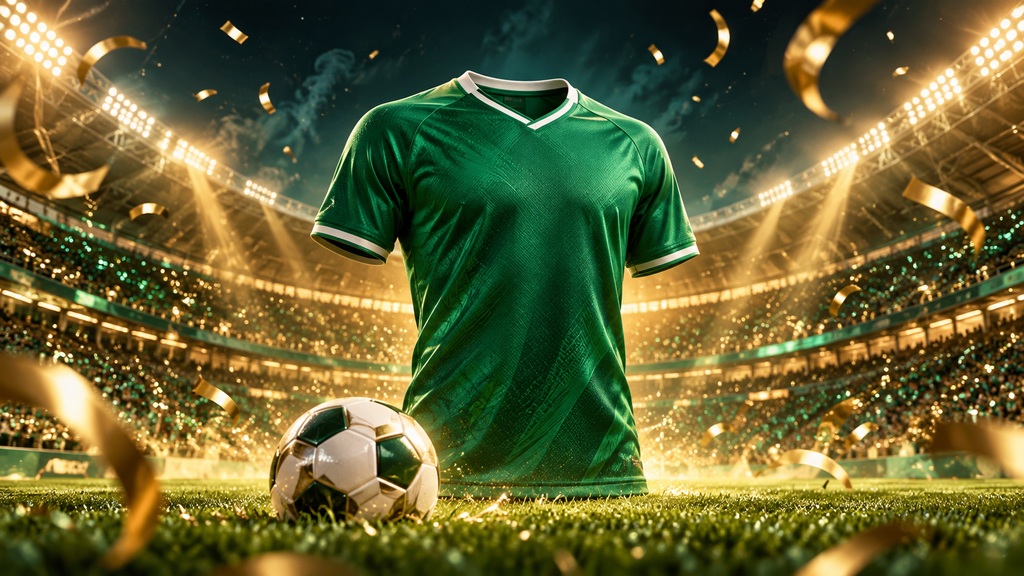 تصميم توضيحي لقميص أخضر وكرة قدم في ملعب احتفالي بتتويج السعودية بخليجي 27 | Concept illustration celebrating Saudi Arabia Gulf Cup 27 victory
