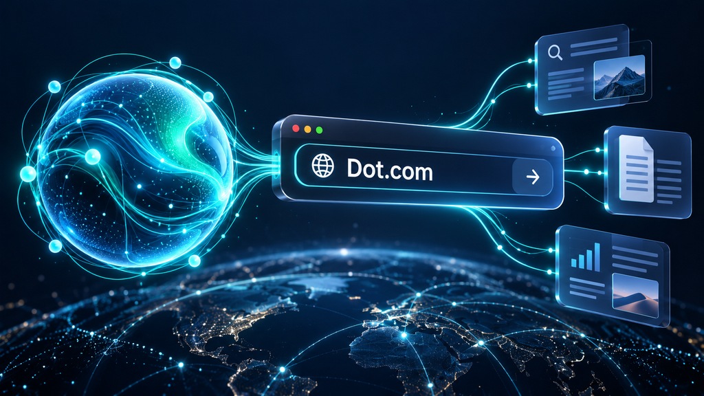 تصميم توضيحي لوكيل ذكاء اصطناعي ونطاق Dot.com متصل بمهام رقمية / Concept illustration of an AI agent and Dot.com connected to digital tasks