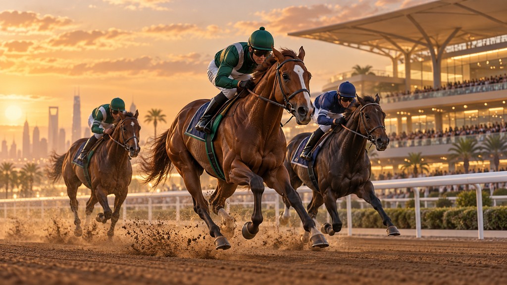 رسم تصوري لخيل السباق والخيالة على مضمار ترابي | Conceptual illustration of racehorses and jockeys on a dirt track