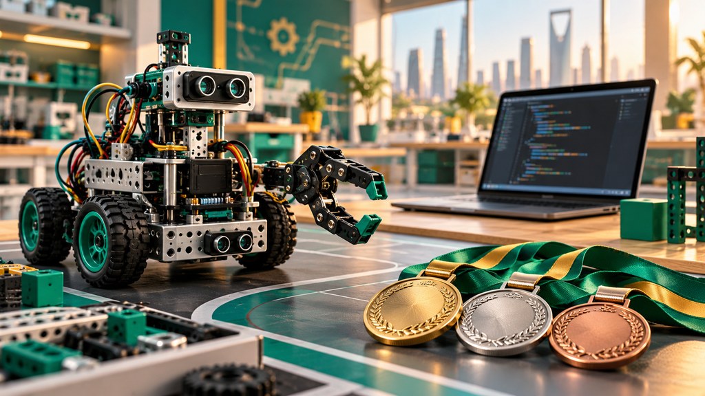 رسم تصوري لروبوت تعليمي وميداليات في مختبر مدرسي | Conceptual educational robot and medals in a school lab