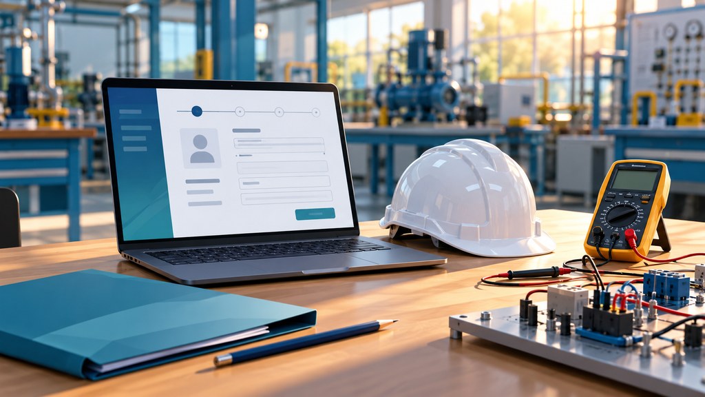 تصميم توضيحي لحاسوب تقديم وخوذة سلامة وأدوات تدريب مهني | Conceptual application laptop, safety helmet and vocational training tools