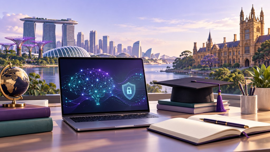 تصميم توضيحي للدراسة بالخارج والذكاء الاصطناعي والأمن السيبراني | Conceptual overseas study, artificial intelligence and cybersecurity illustration