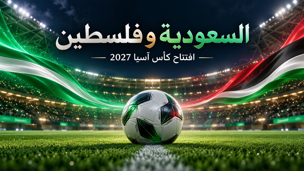 تصميم توضيحي لمباراة السعودية وفلسطين في افتتاح كأس آسيا 2027: كرة قدم في ملعب ليلي | Saudi Arabia vs Palestine Asian Cup 2027 opening match illustration