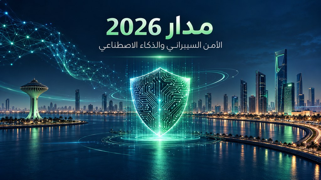 تصميم توضيحي لفعالية مدار 2026 عن الأمن السيبراني والذكاء الاصطناعي | Madar 2026 cybersecurity and AI conceptual illustration