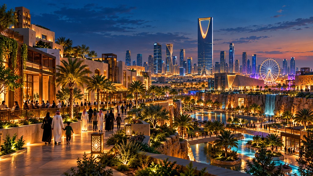 رسم تصوري لأفق الرياض والترفيه العائلي مساءً | Conceptual illustration of Riyadh skyline and family entertainment at dusk