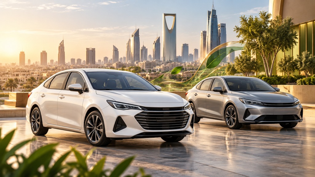 تصميم توضيحي لسيارتي سيدان وأفق الرياض يرمز للاقتصاد في الاستخدام | Concept illustration of two sedans and Riyadh skyline