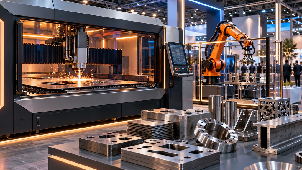 رسم توضيحي لآلة قطع معدني وروبوت صناعي | Conceptual illustration of metal cutting equipment and an industrial robot