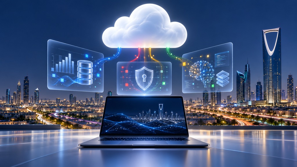تصميم توضيحي للحوسبة السحابية ووكلاء الذكاء الاصطناعي مع أفق الرياض / Concept illustration of cloud computing and AI agents with Riyadh skyline