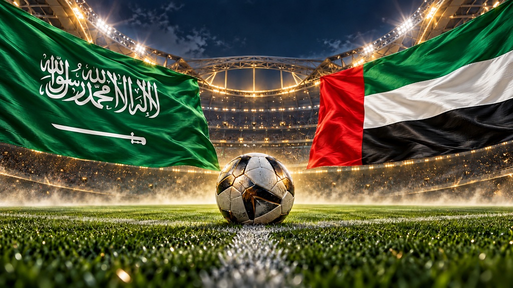 علم السعودية بالشهادتين والسيف الأبيض وعلم الإمارات فوق ملعب كرة قدم مضاء — Saudi and UAE flags above a floodlit football pitch