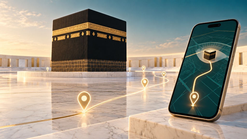 تصميم توضيحي للكعبة وهاتف مع رموز مواقع ومسارات رقمية | Concept illustration of the Kaaba, a phone and location markers