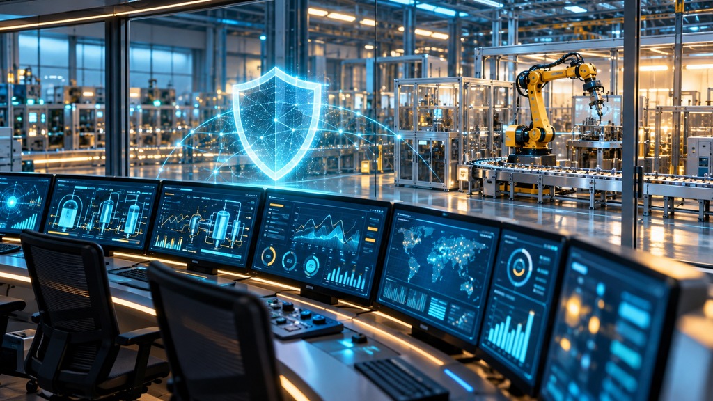 غلاف توضيحي لغرفة تحكم صناعي ورمز حماية ومعدات مؤتمتة | Conceptual industrial control room, security shield and automated equipment
