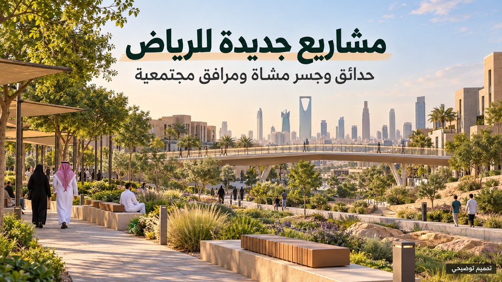 تصميم توضيحي لحديقة وجسر مشاة وأفق الرياض، وليس مخطط مشروع معتمد | Conceptual Riyadh park and pedestrian bridge, not an approved project design