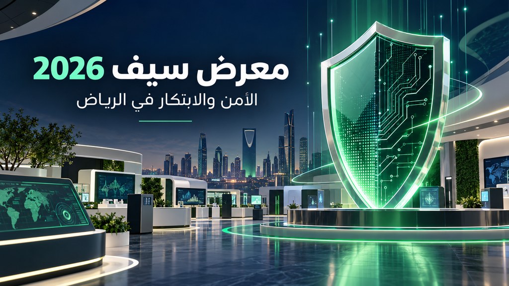 تصميم توضيحي لمعرض سيف 2026 للأمن والابتكار في الرياض | SAIF 2026 security and innovation conceptual illustration
