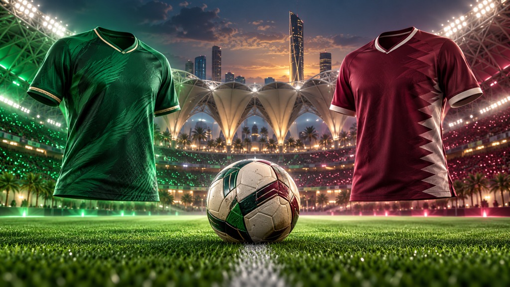 قميصان بألوان السعودية وقطر وكرة قدم في ملعب — Saudi and Qatar coloured shirts with a football in a stadium