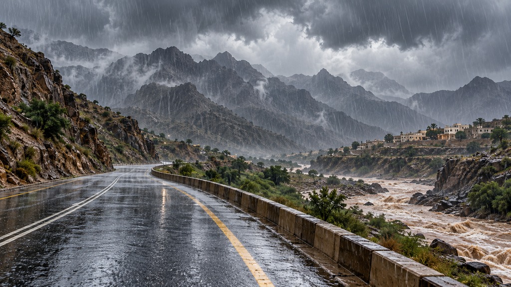 رسم توضيحي لأمطار غزيرة فوق مرتفعات ووادٍ في السعودية | Conceptual heavy rain over Saudi highlands and a wadi