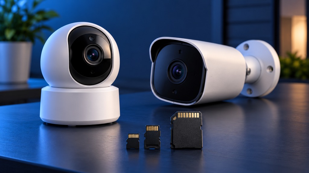 كاميرتا مراقبة وبطاقات ذاكرة microSD على سطح داكن، تصميم توضيحي | Security cameras and microSD cards, conceptual illustration