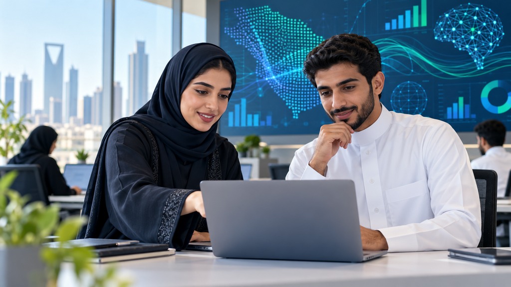 صورة توضيحية لخريجين سعوديين يتعاونان على مشروع تقني | Conceptual Saudi graduates collaborating on a technology project