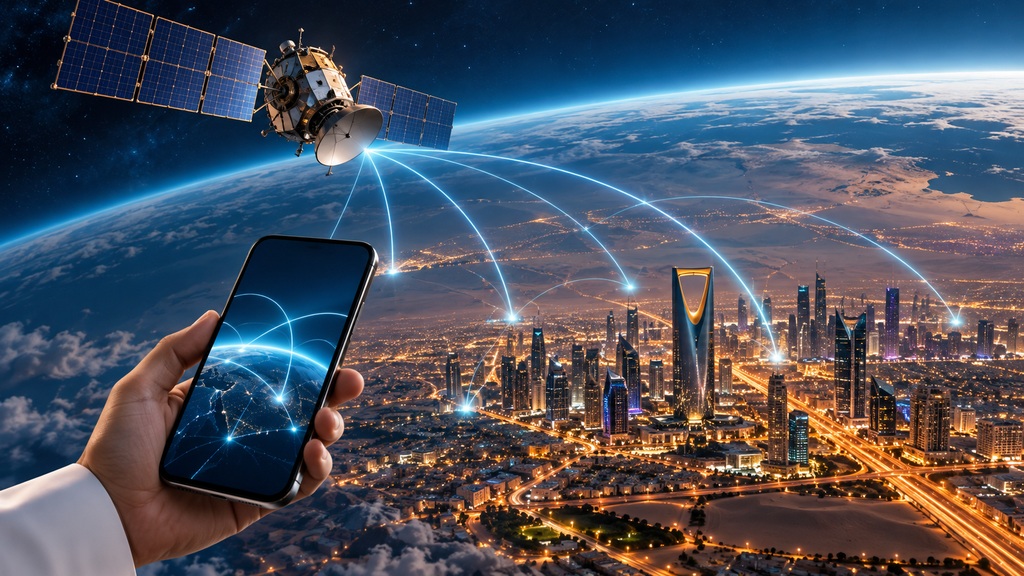 تصميم توضيحي لقمر اتصالات وهاتف وأفق الرياض | Concept illustration of a communications satellite, smartphone and Riyadh skyline