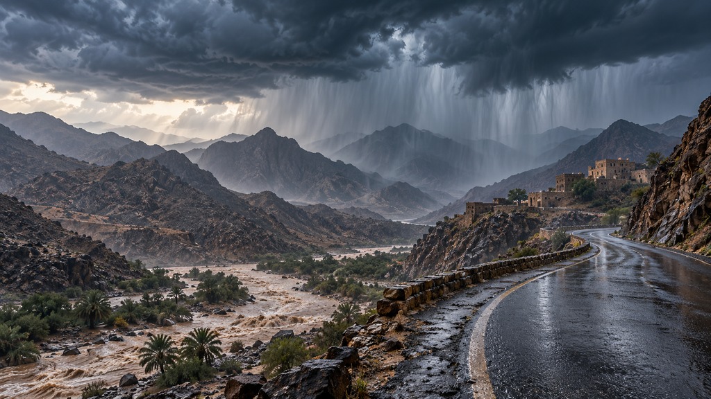 تصميم توضيحي لأمطار وسحب رعدية فوق مرتفعات سعودية ووادٍ | Concept illustration of rain, storm clouds and a wadi in Saudi highlands
